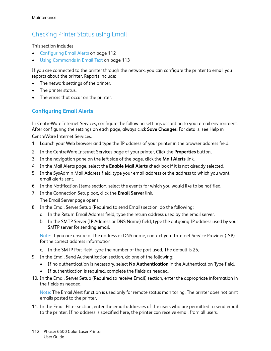 Xerox 6500 manual Checking Printer Status using Email, Configuring Email Alerts 