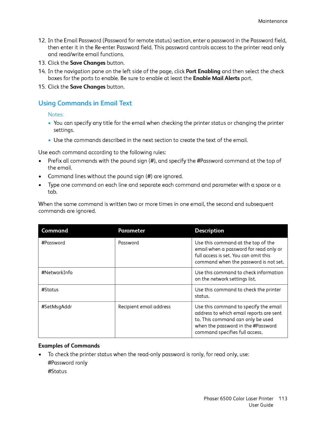 Xerox 6500 manual Using Commands in Email Text, Command Parameter Description 