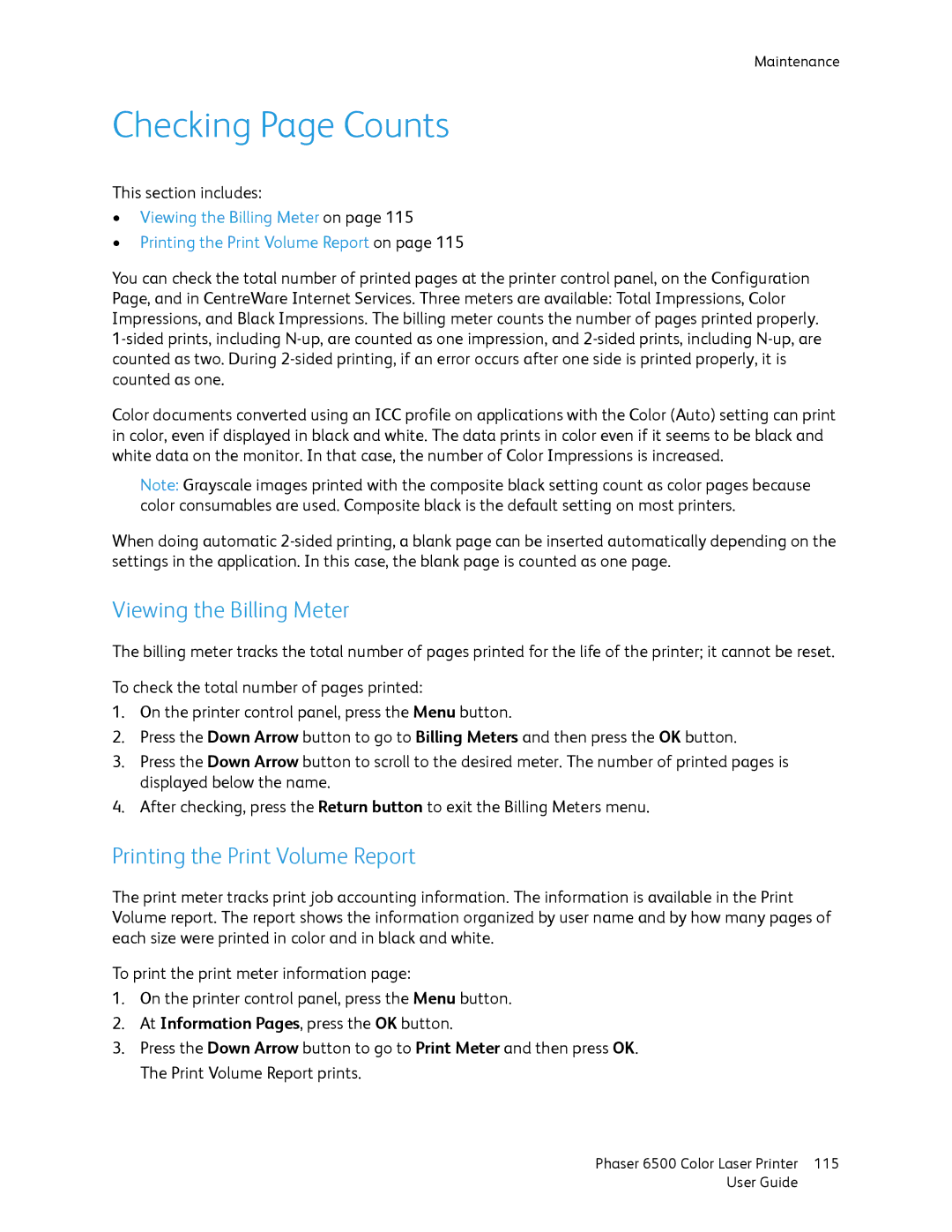 Xerox 6500 manual Checking Page Counts, Viewing the Billing Meter, Printing the Print Volume Report 
