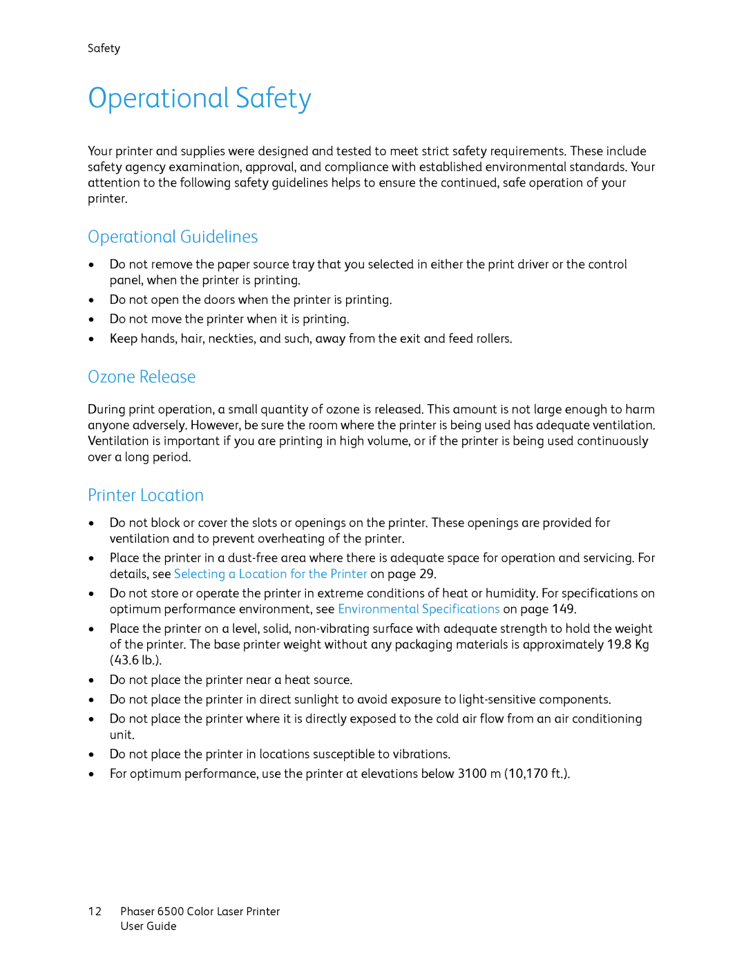 Xerox 6500 manual Operational Safety, Operational Guidelines, Ozone Release, Printer Location 