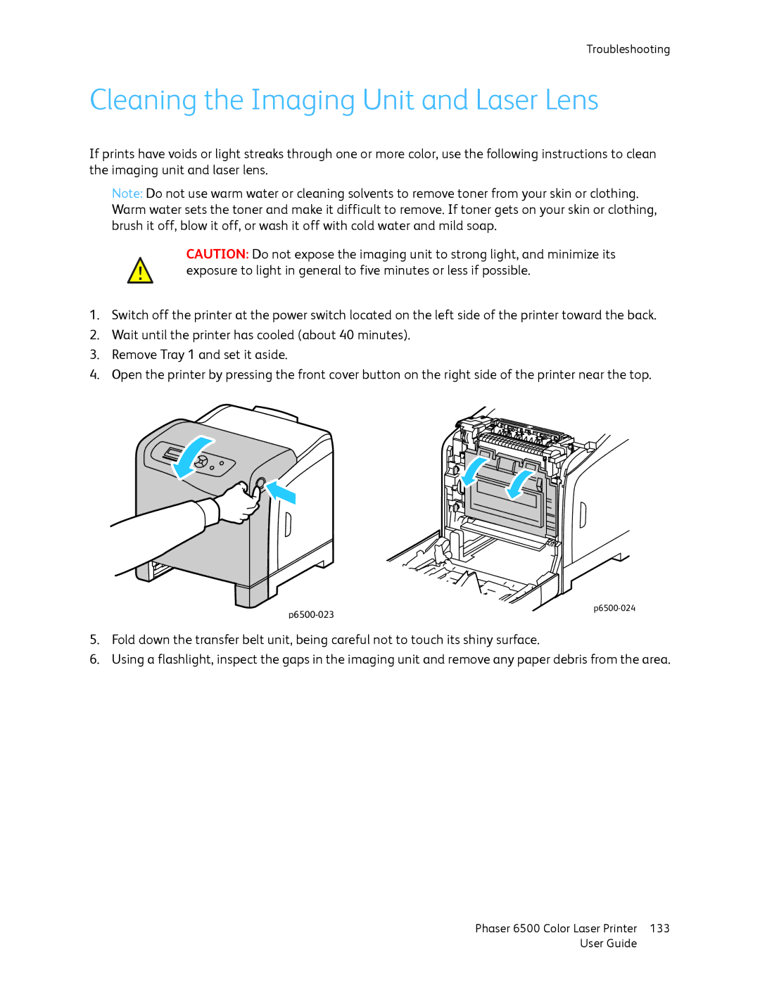 Xerox 6500 manual Cleaning the Imaging Unit and Laser Lens 