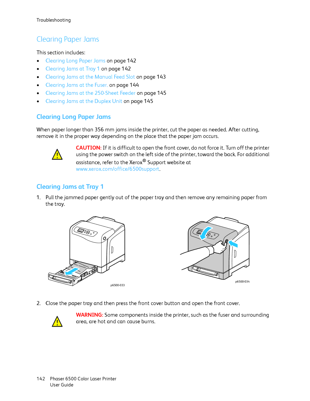 Xerox 6500 manual Clearing Paper Jams, Clearing Long Paper Jams, Clearing Jams at Tray 