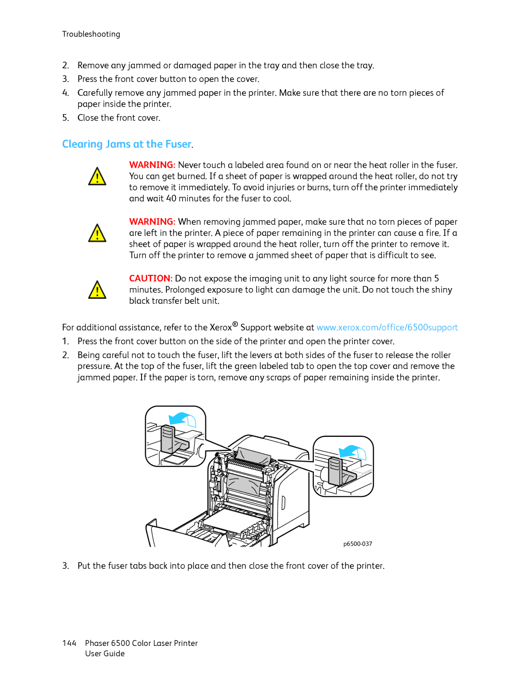 Xerox 6500 manual Clearing Jams at the Fuser 