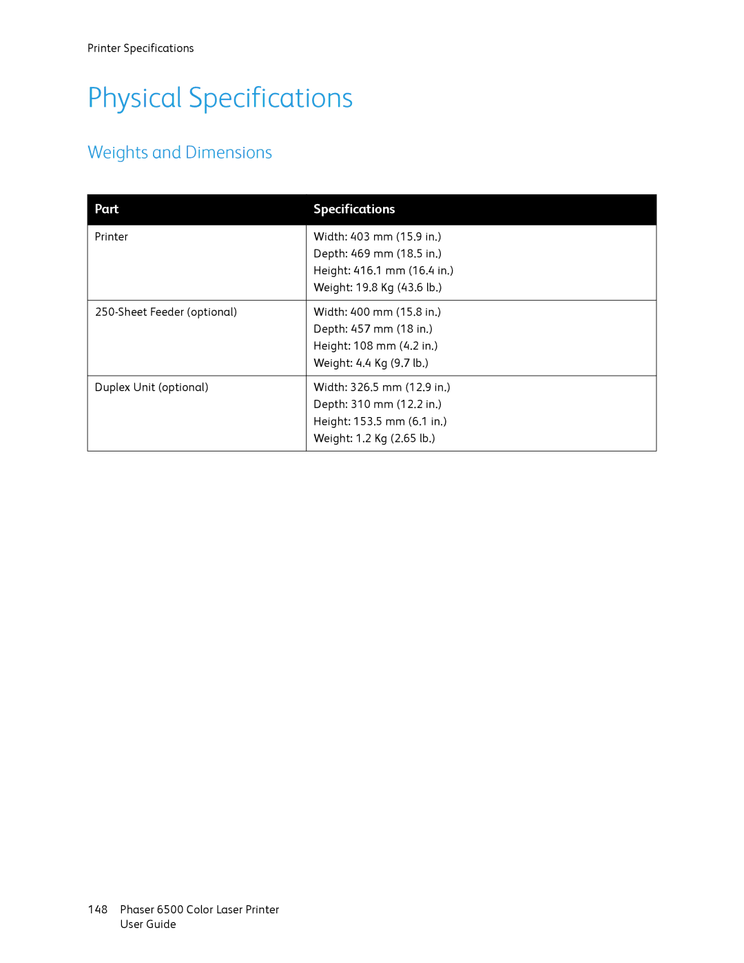 Xerox 6500 manual Physical Specifications, Weights and Dimensions, Part Specifications 