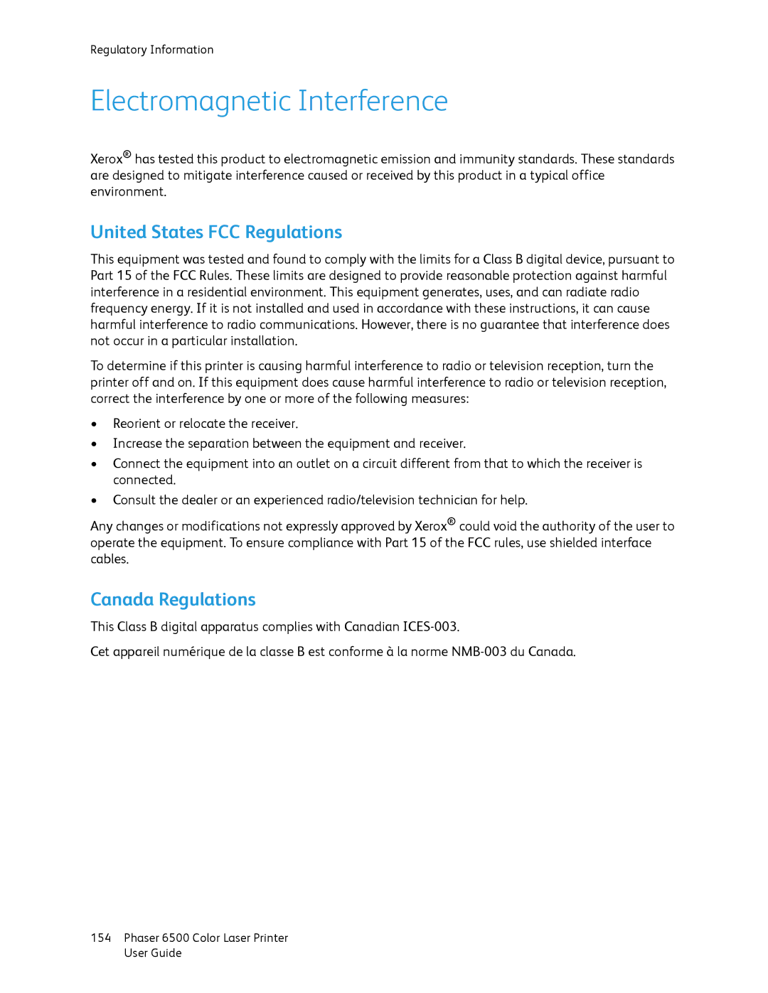 Xerox 6500 manual Electromagnetic Interference, United States FCC Regulations 