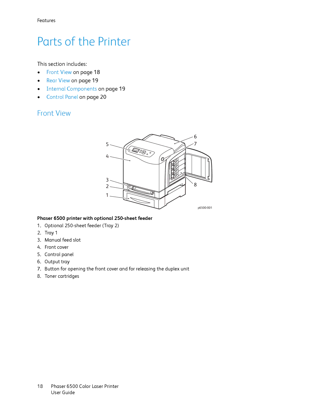 Xerox 6500 manual Parts of the Printer, Front View 