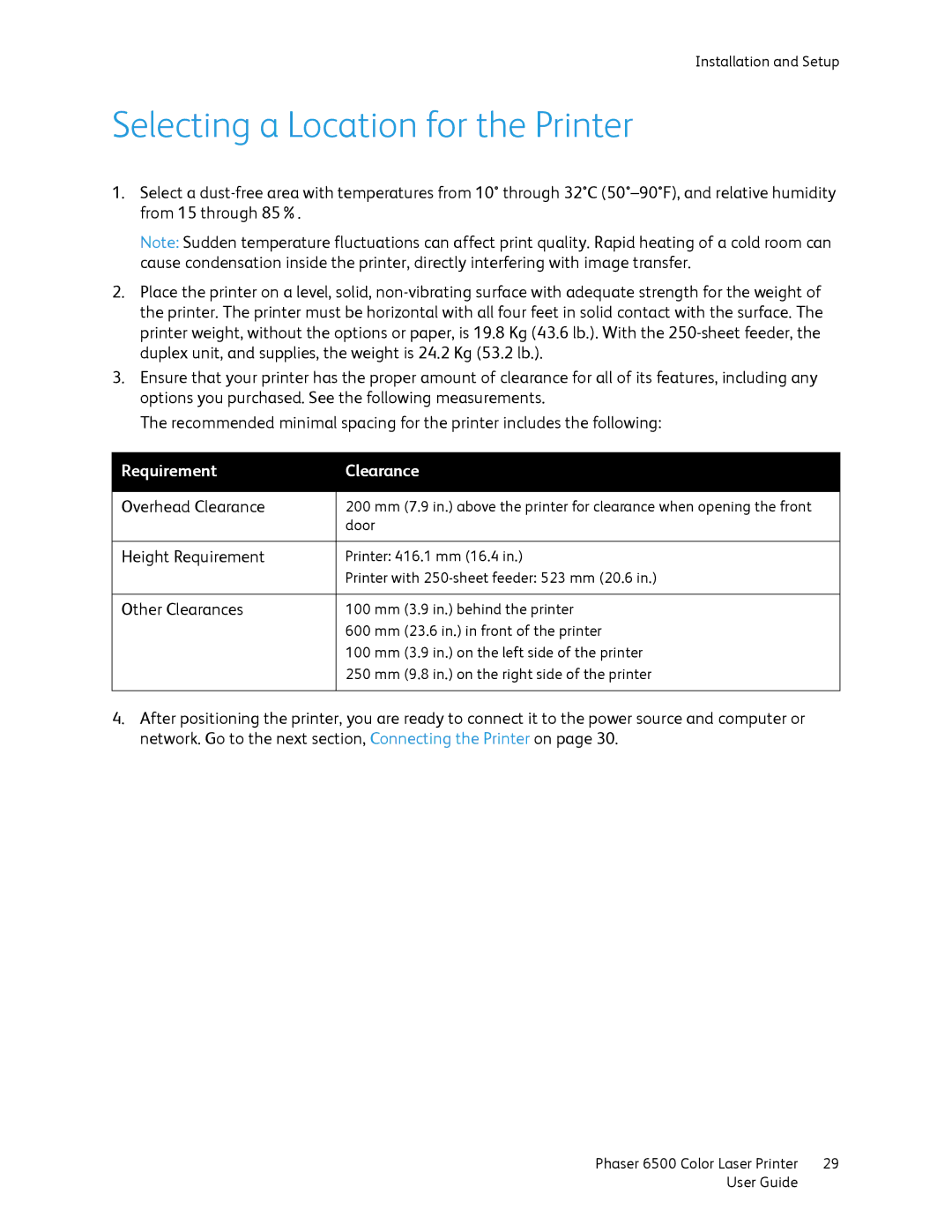 Xerox 6500 manual Selecting a Location for the Printer, Requirement Clearance 