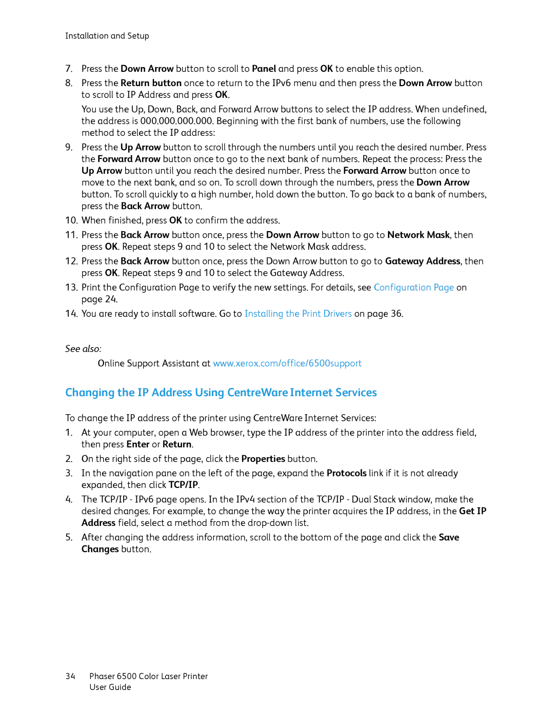 Xerox 6500 manual Changing the IP Address Using CentreWare Internet Services 