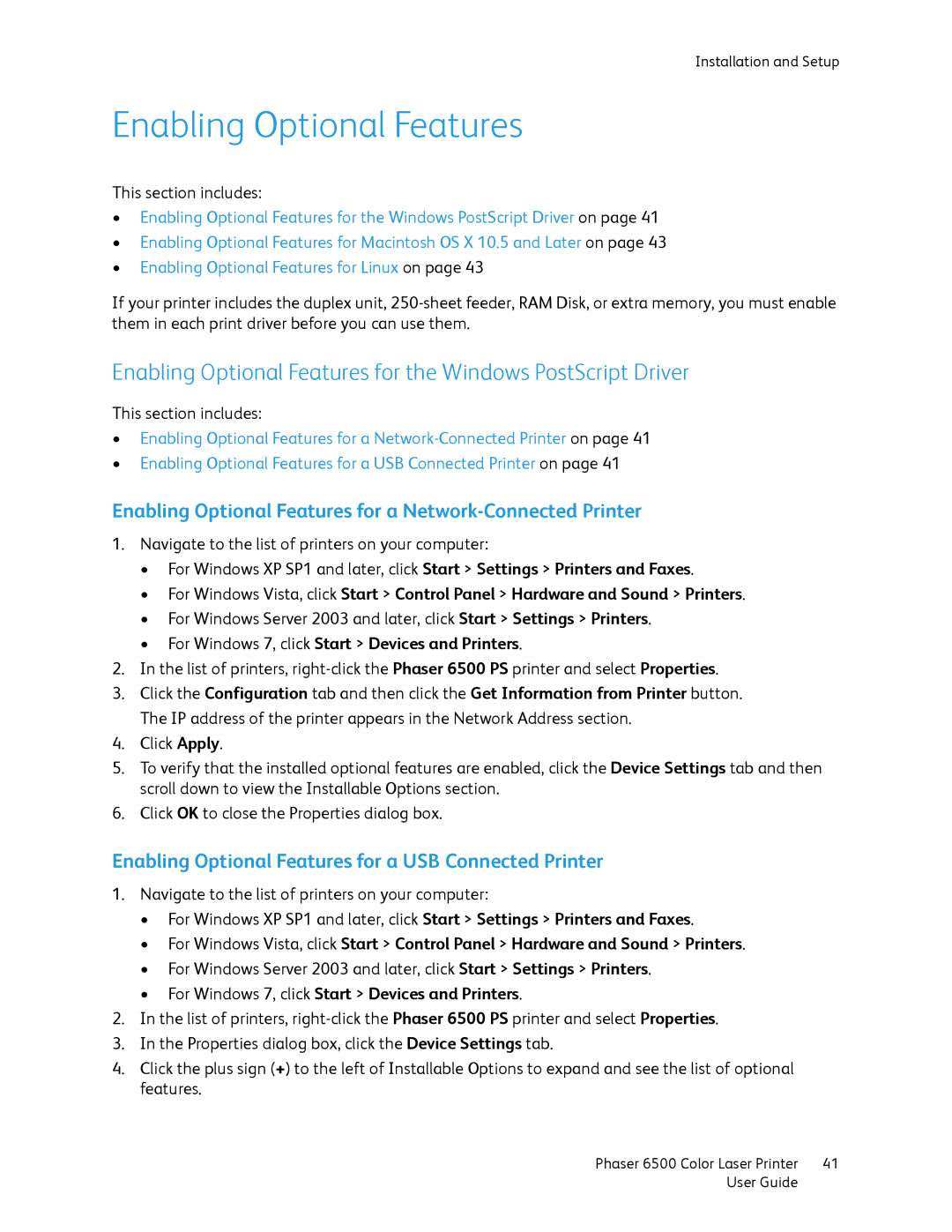 Xerox 6500 manual Enabling Optional Features for a Network-Connected Printer 