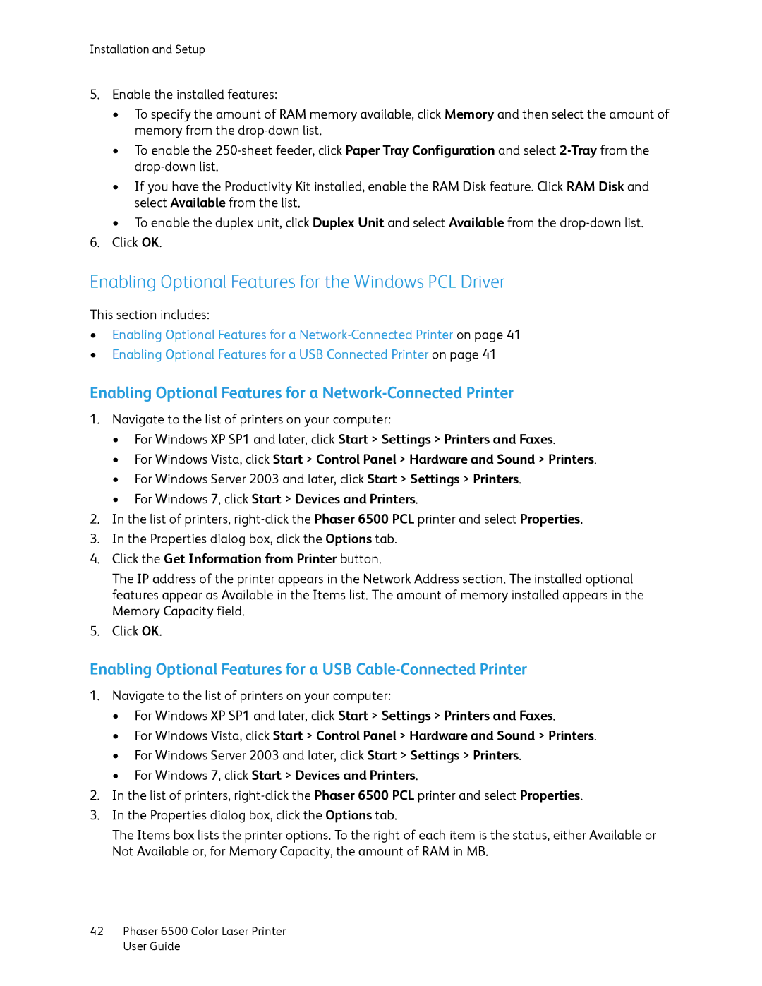 Xerox 6500 manual Enabling Optional Features for the Windows PCL Driver 