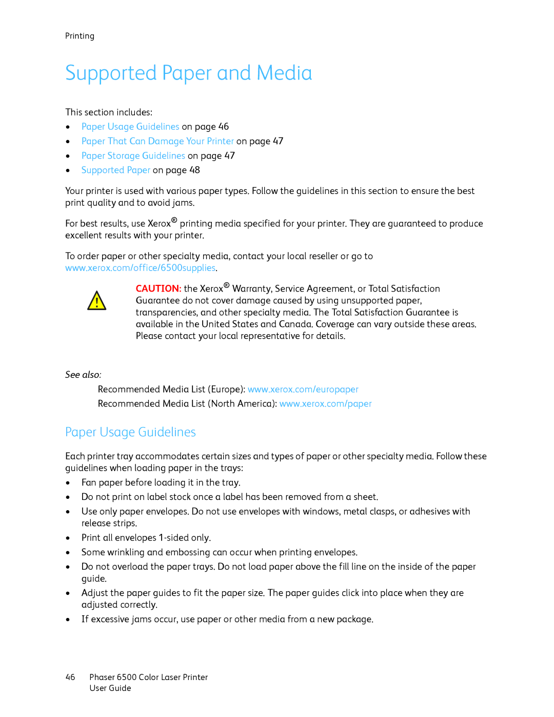 Xerox 6500 manual Supported Paper and Media, Paper Usage Guidelines 