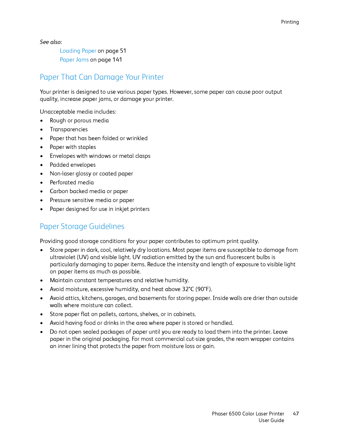 Xerox 6500 manual Paper That Can Damage Your Printer, Paper Storage Guidelines 