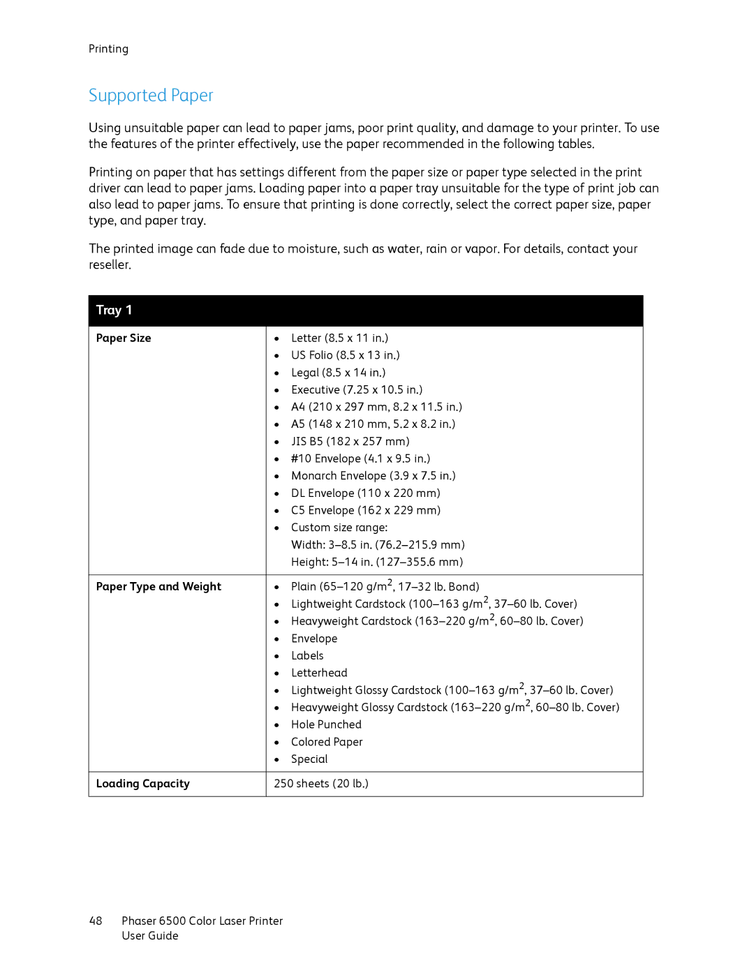 Xerox 6500 manual Supported Paper, Tray 