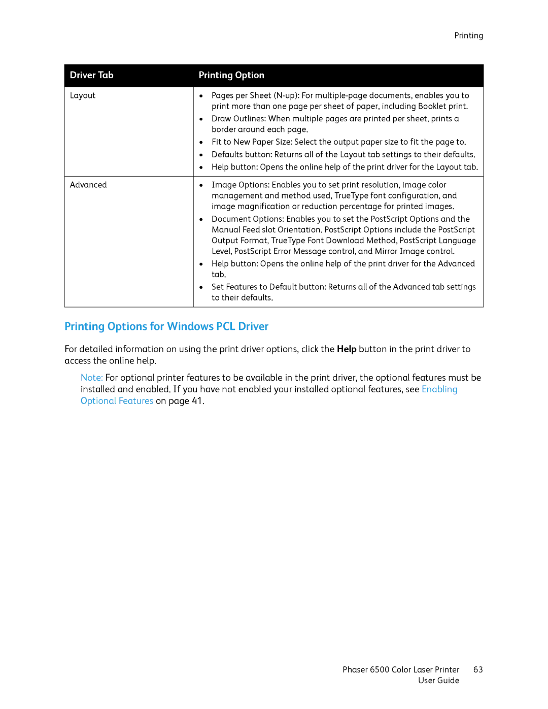 Xerox 6500 manual Printing Options for Windows PCL Driver 