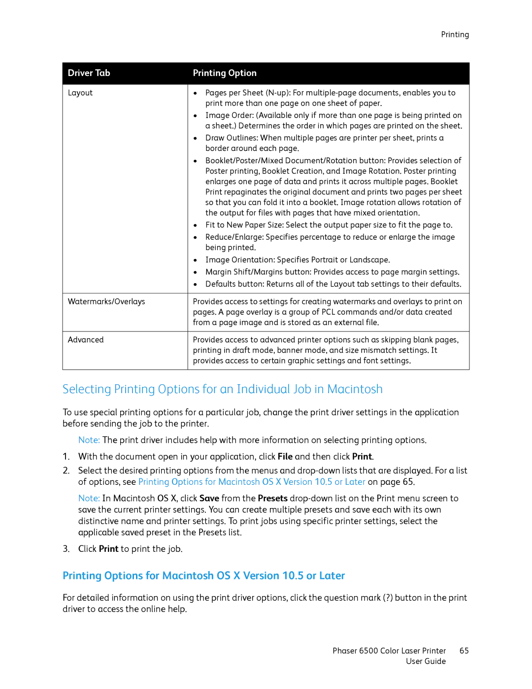 Xerox 6500 manual Printing Options for Macintosh OS X Version 10.5 or Later 