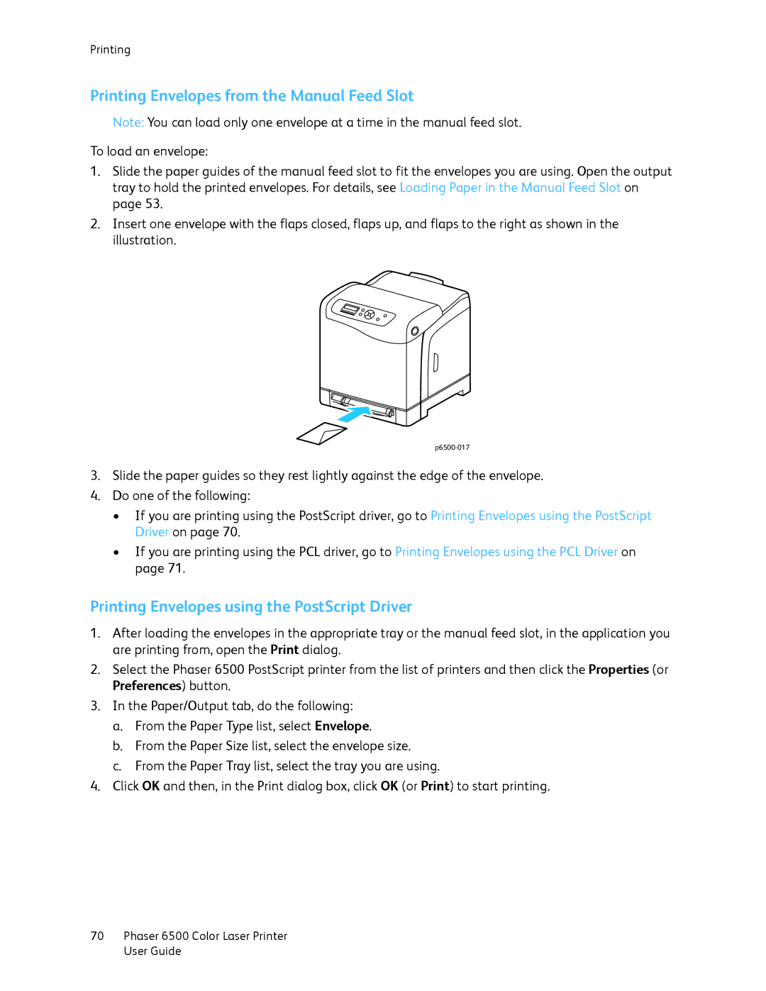 Xerox 6500 manual Printing Envelopes from the Manual Feed Slot, Printing Envelopes using the PostScript Driver 