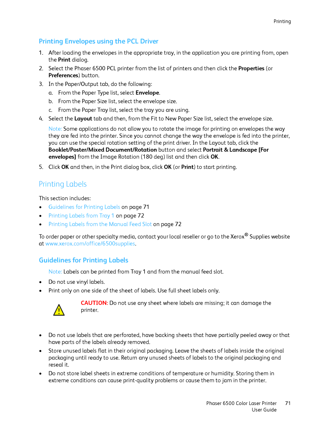 Xerox 6500 manual Printing Envelopes using the PCL Driver, Guidelines for Printing Labels 