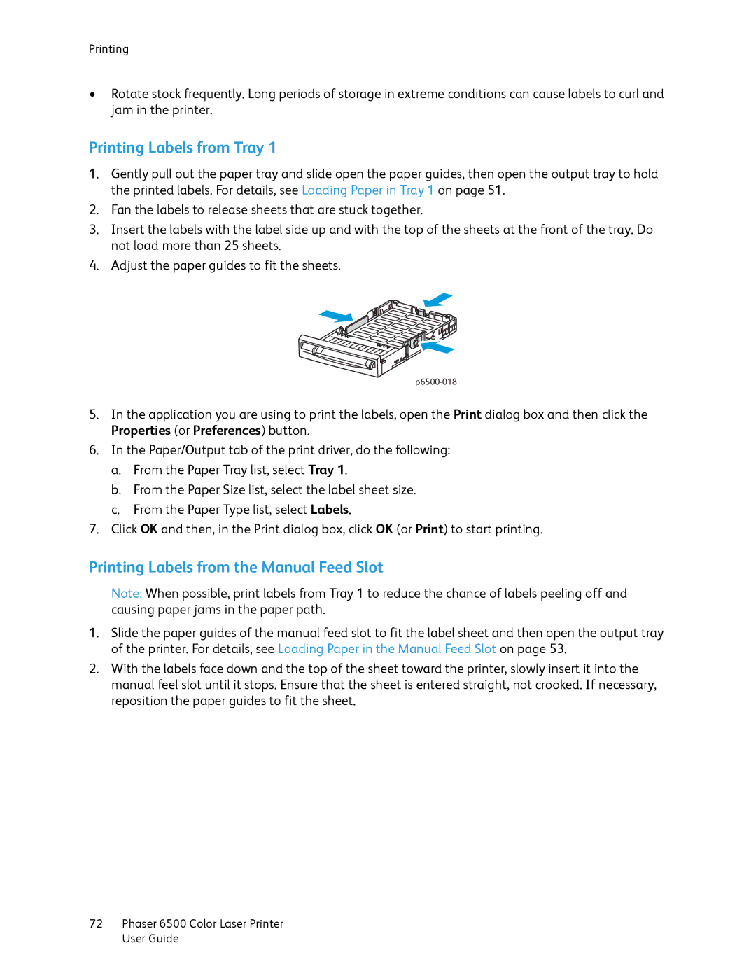 Xerox 6500 manual Printing Labels from Tray, Printing Labels from the Manual Feed Slot 