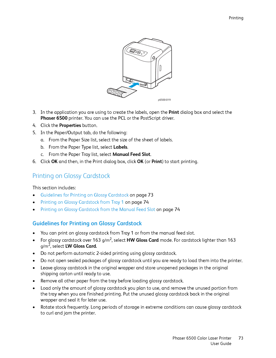 Xerox 6500 manual Guidelines for Printing on Glossy Cardstock 