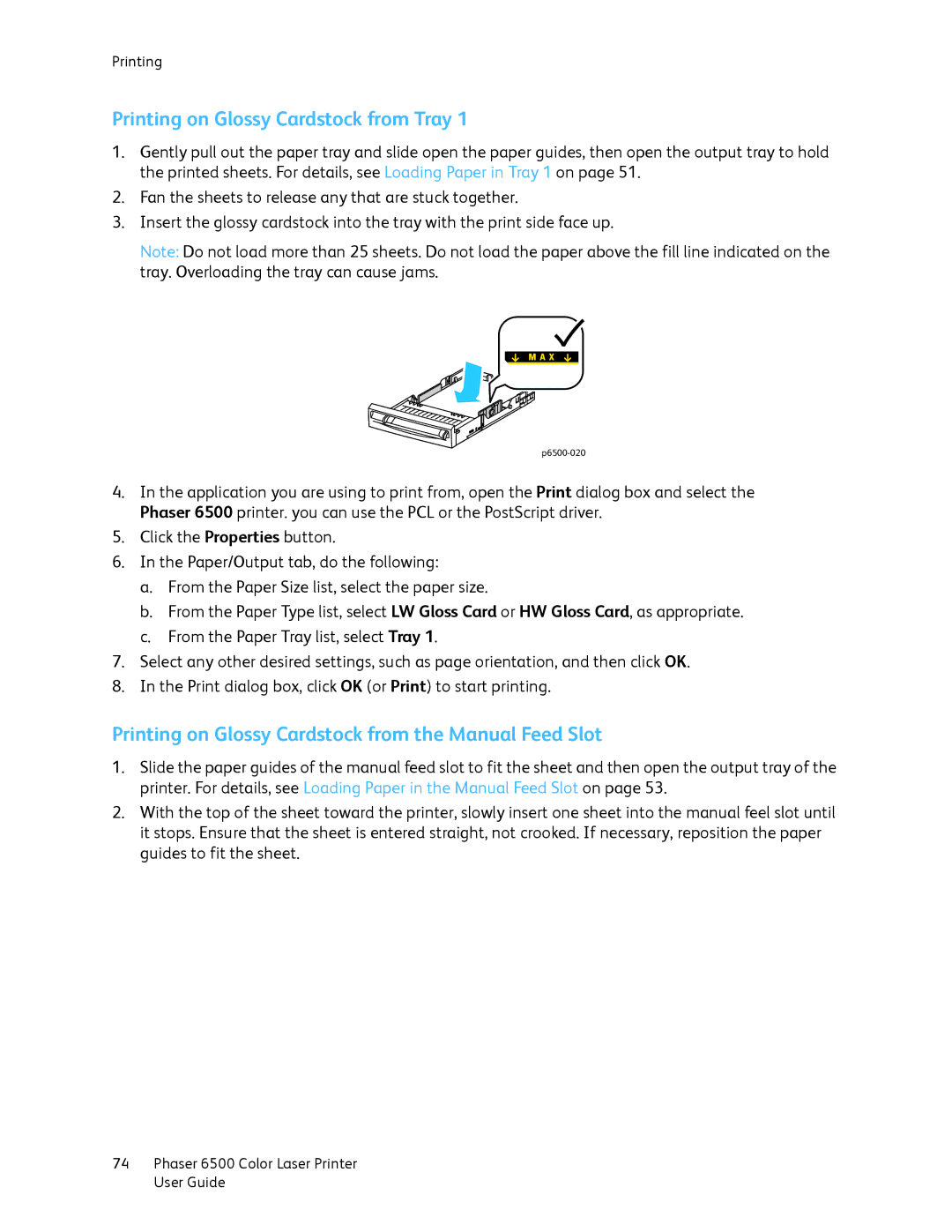 Xerox 6500 manual Printing on Glossy Cardstock from Tray, Printing on Glossy Cardstock from the Manual Feed Slot 