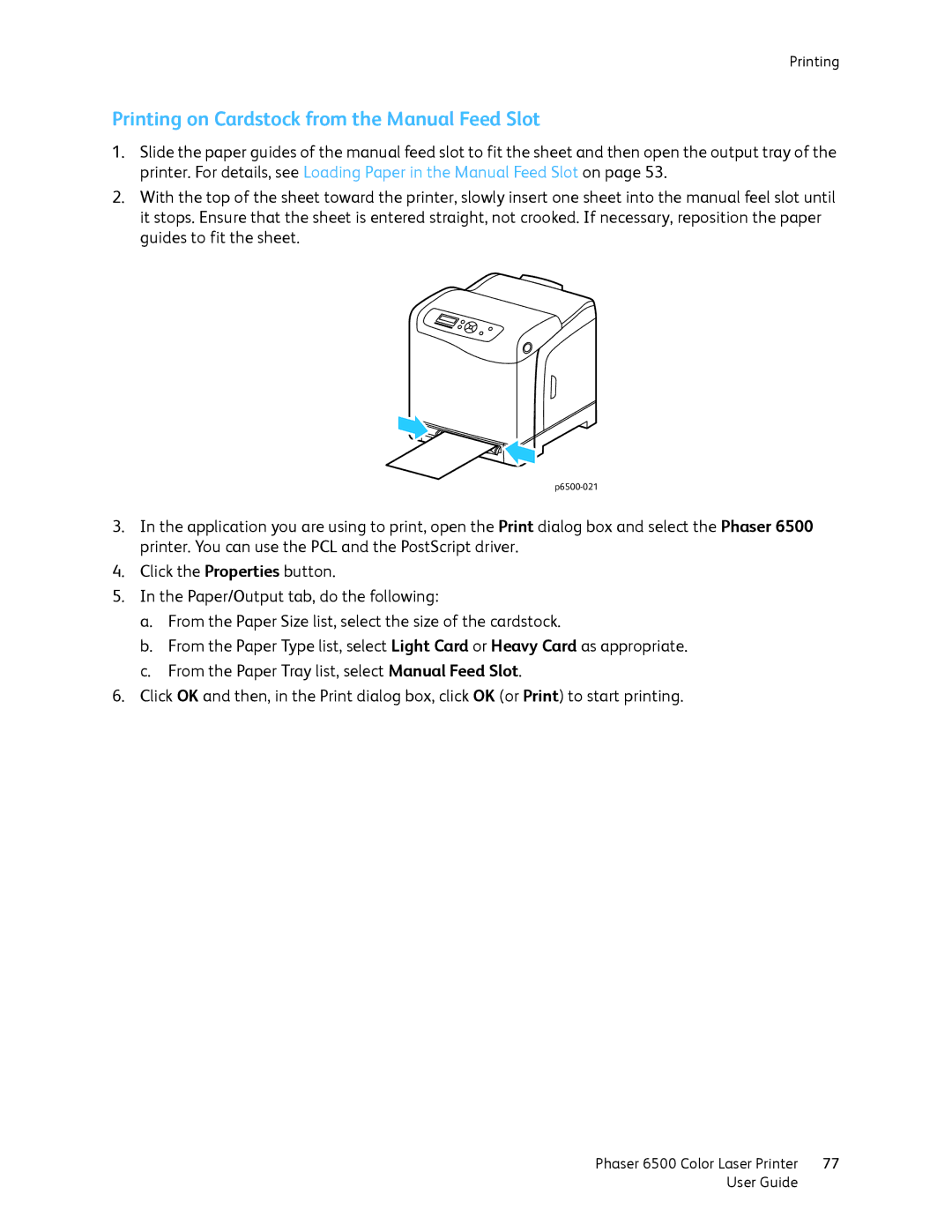 Xerox 6500 manual Printing on Cardstock from the Manual Feed Slot 