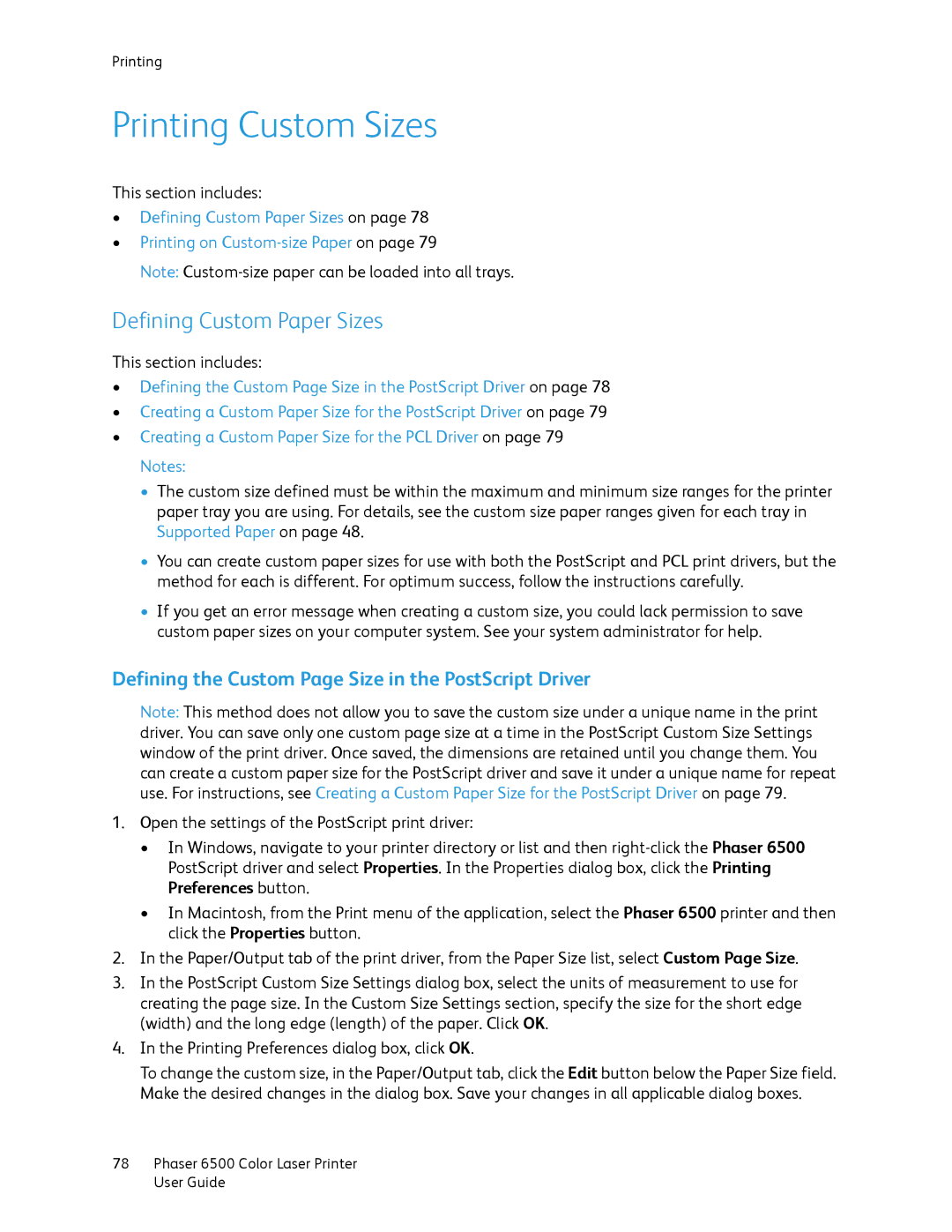 Xerox 6500 Printing Custom Sizes, Defining Custom Paper Sizes, Defining the Custom Page Size in the PostScript Driver 