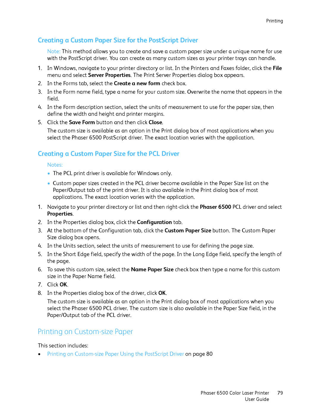 Xerox 6500 manual Printing on Custom-size Paper, Creating a Custom Paper Size for the PostScript Driver 