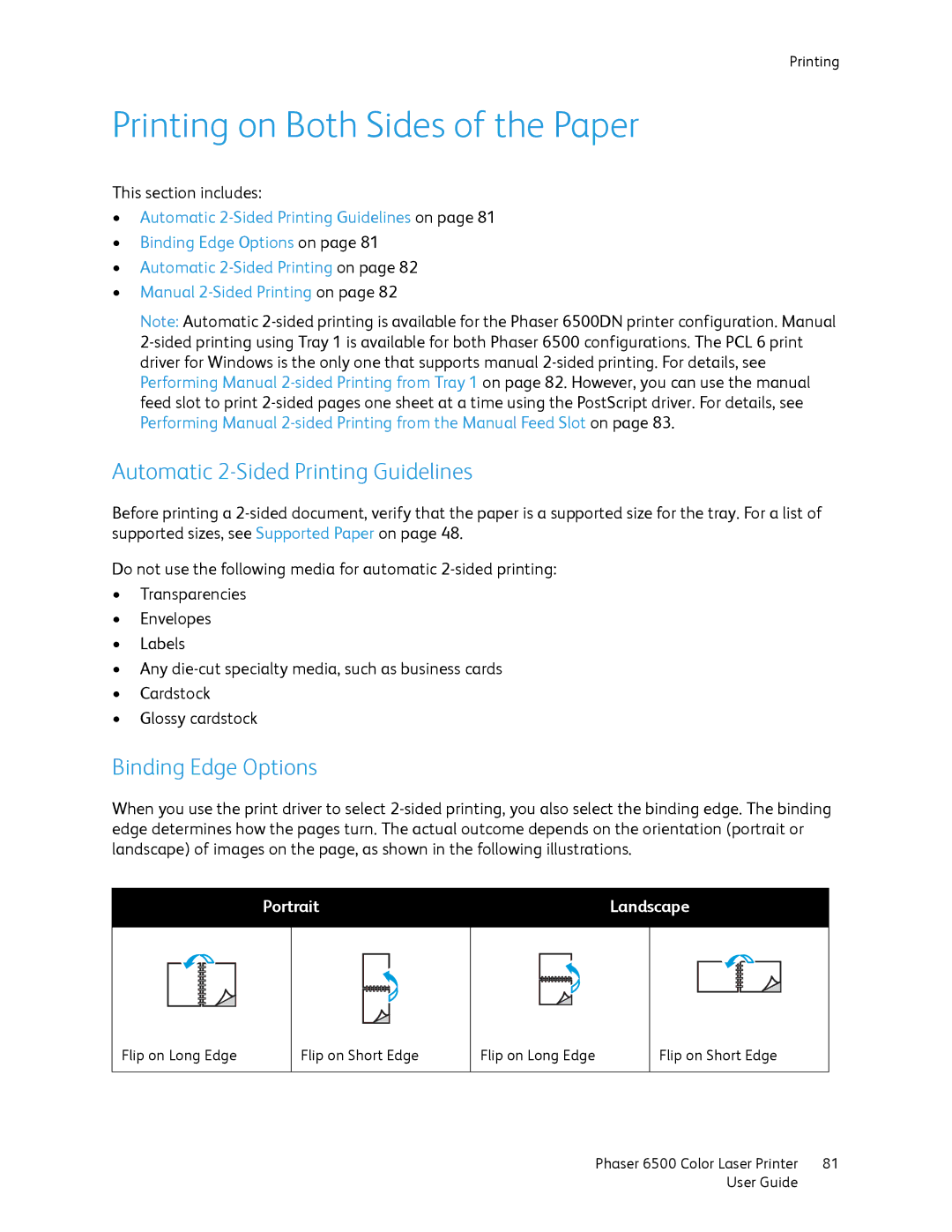 Xerox 6500 manual Printing on Both Sides of the Paper, Automatic 2-Sided Printing Guidelines, Binding Edge Options 