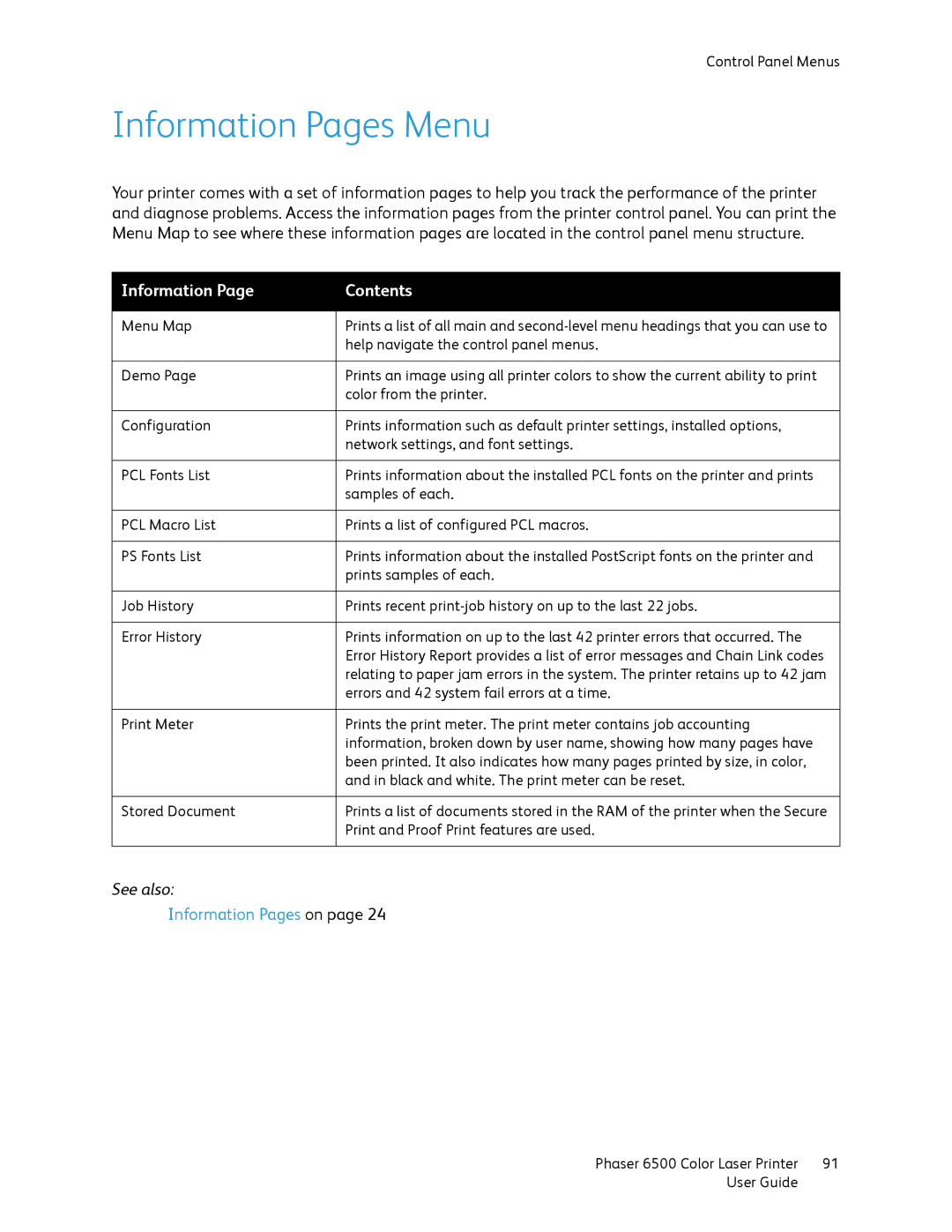 Xerox 6500 manual Information Pages Menu, Information Contents 