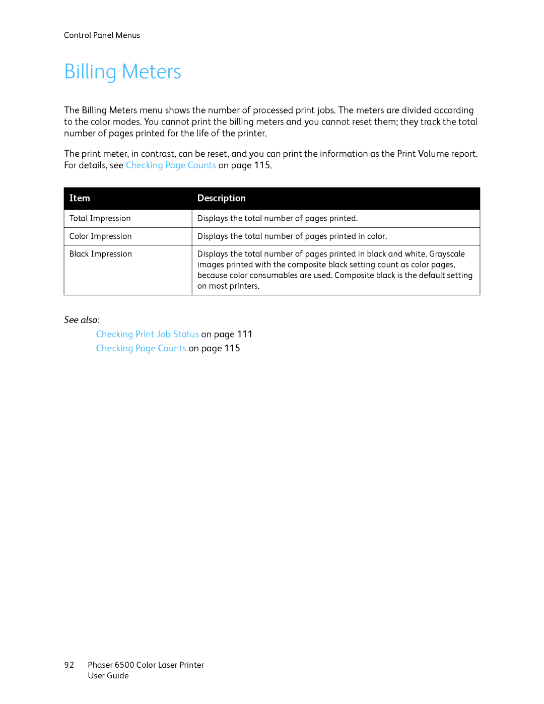 Xerox 6500 manual Billing Meters 