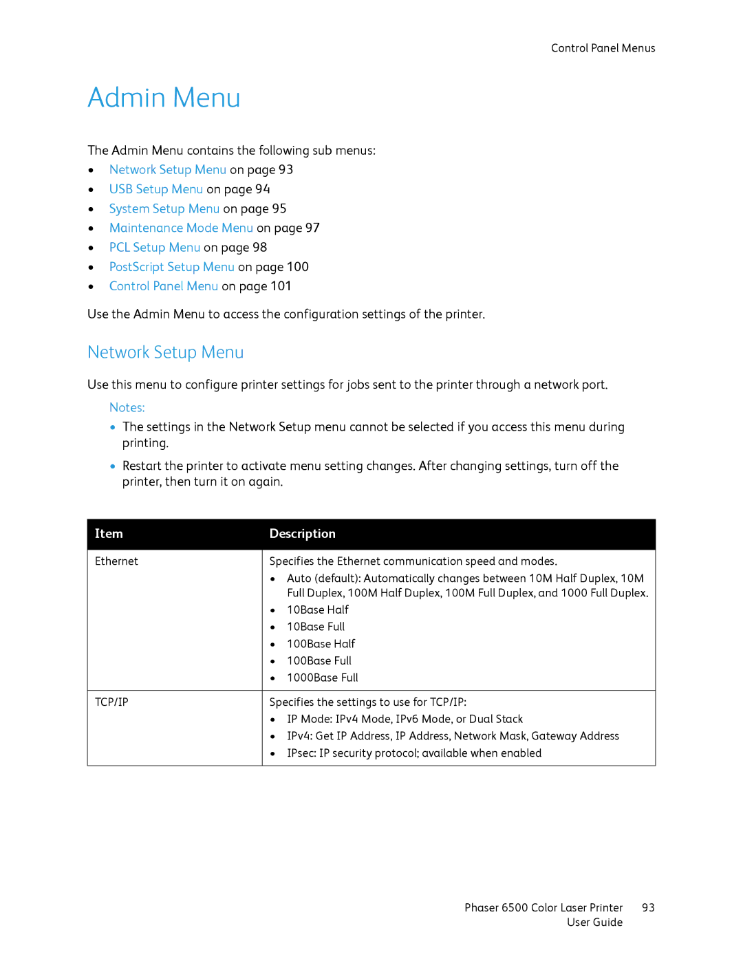 Xerox 6500 manual Admin Menu, Network Setup Menu 