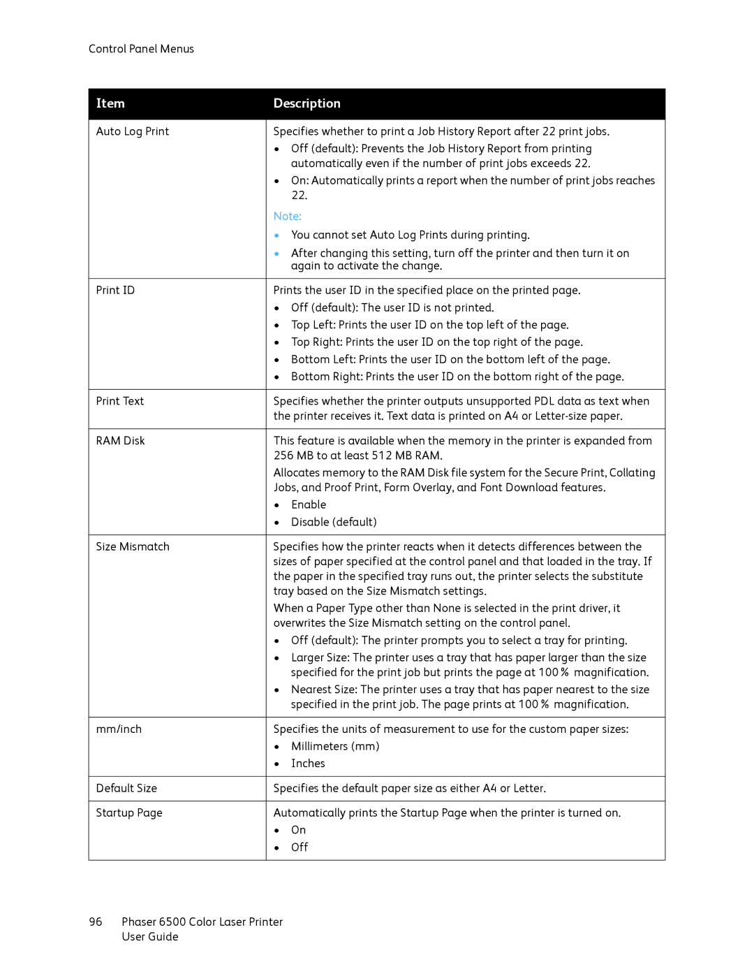 Xerox 6500 manual Disable default 