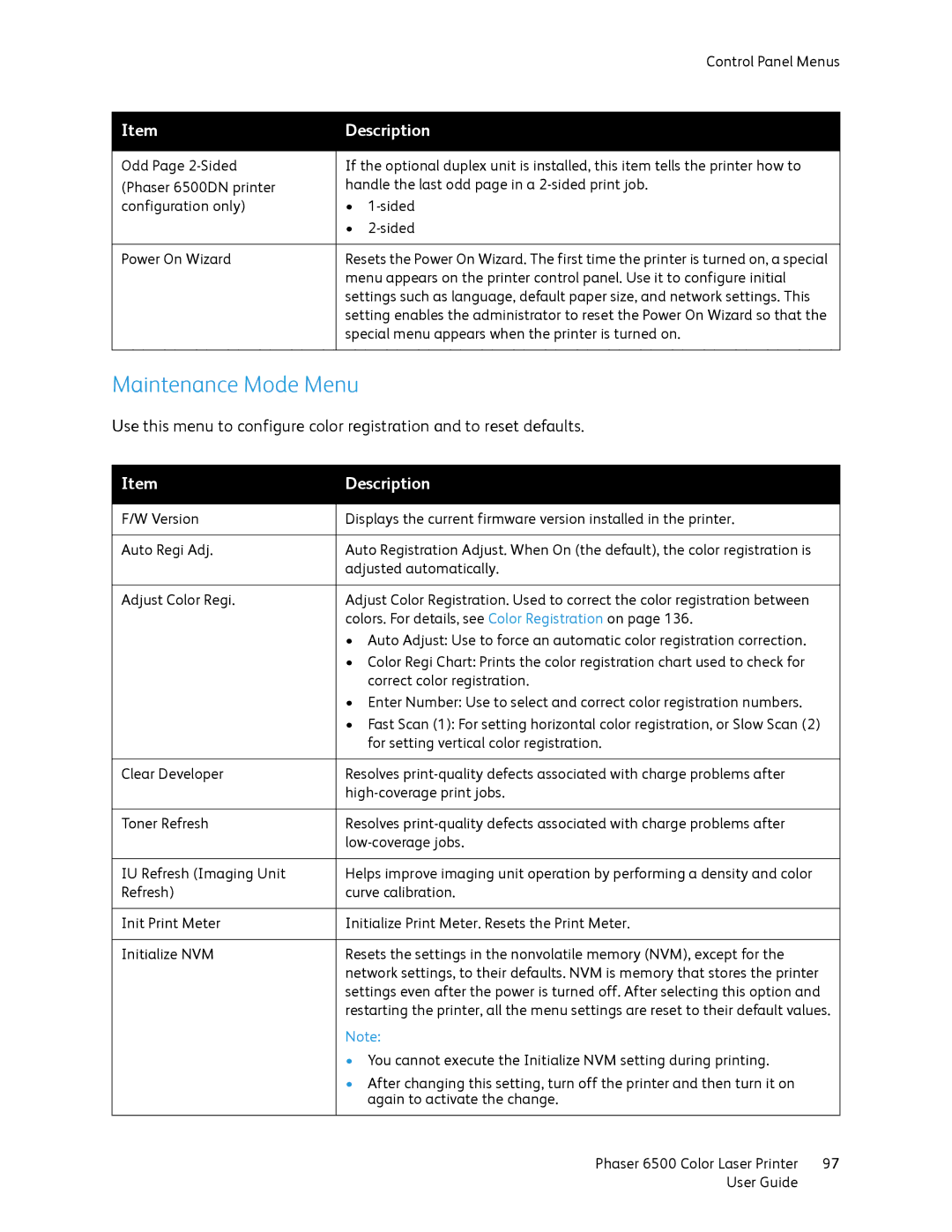 Xerox 6500 manual Maintenance Mode Menu 