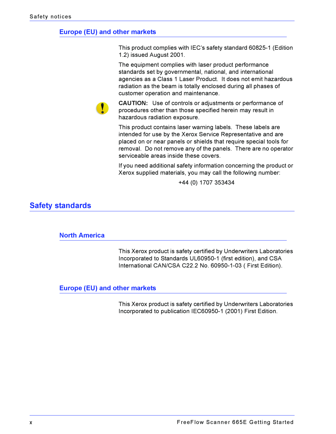Xerox 665E manual Safety standards, Europe EU and other markets, North America 