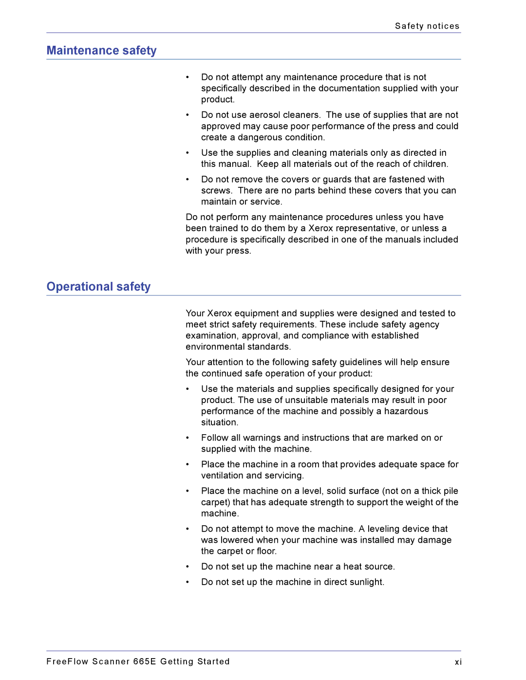 Xerox 665E manual Maintenance safety, Operational safety 