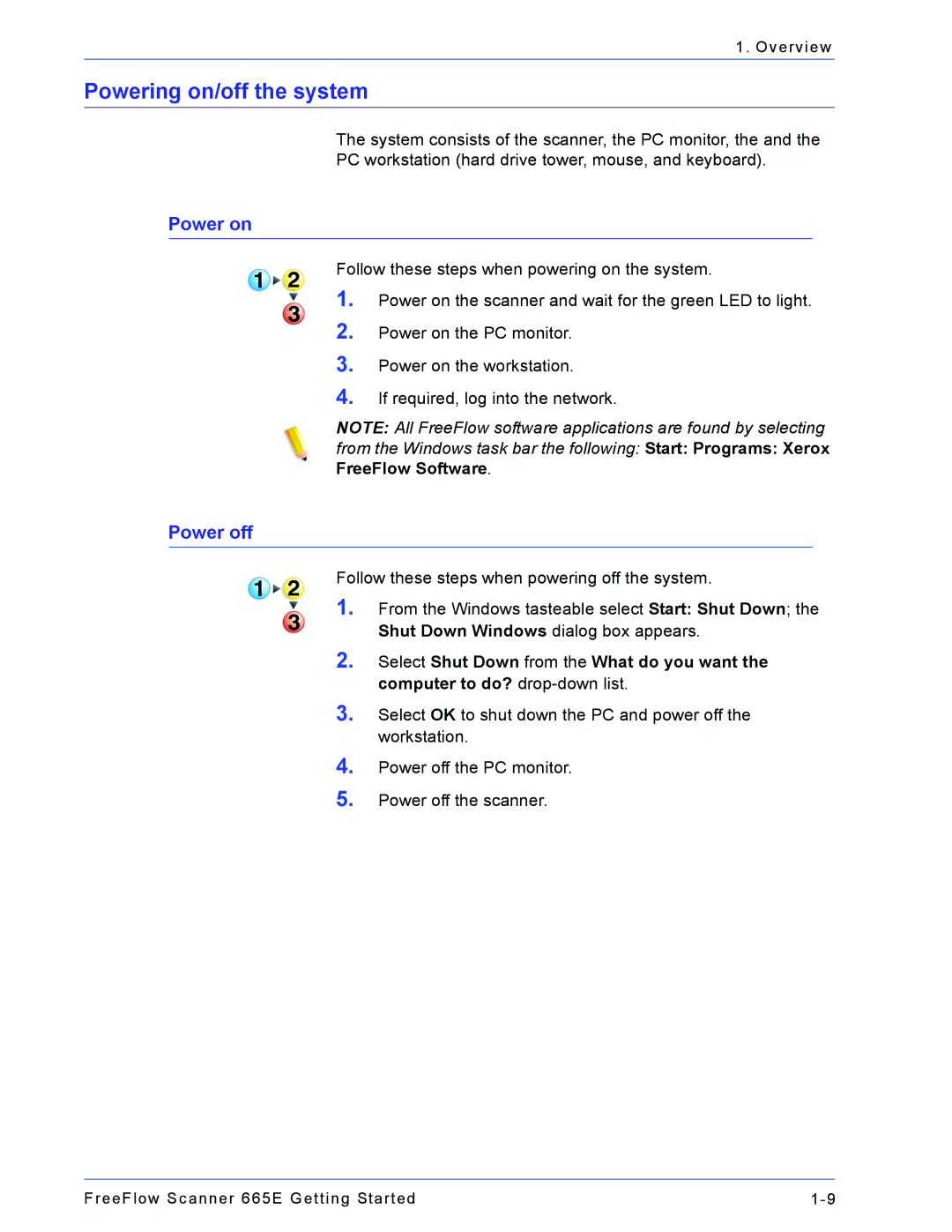 Xerox 665E manual Powering on/off the system, Power on, Power off 