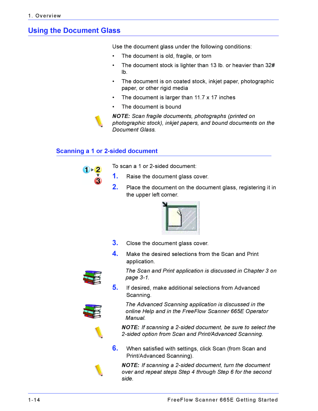 Xerox 665E manual Using the Document Glass, Scanning a 1 or 2-sided document 