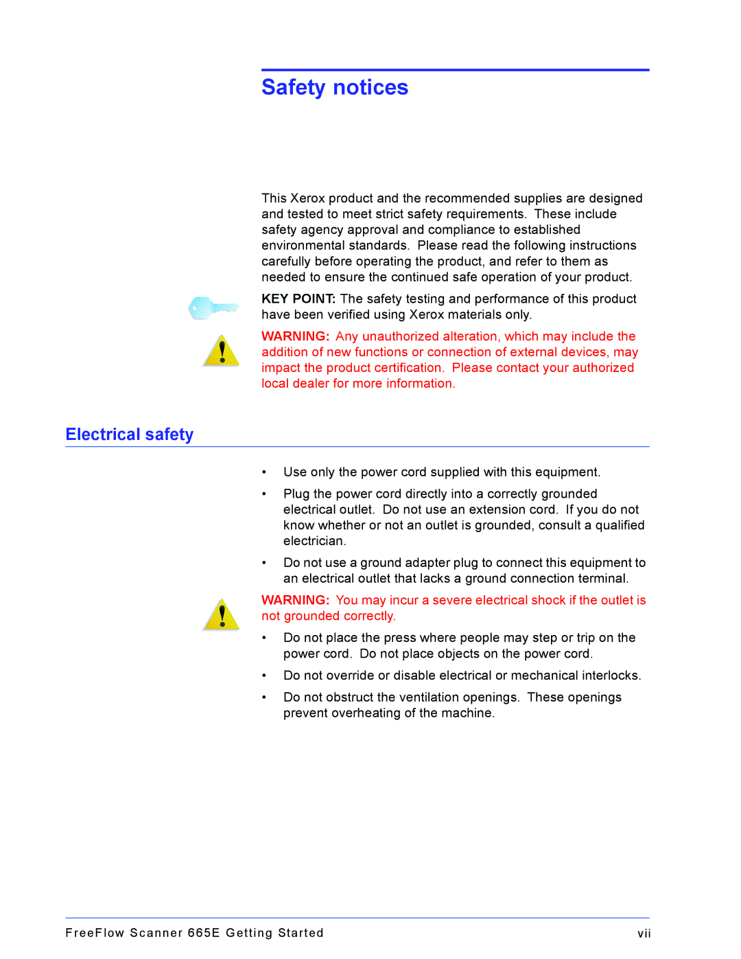 Xerox 665E manual Safety notices, Electrical safety 