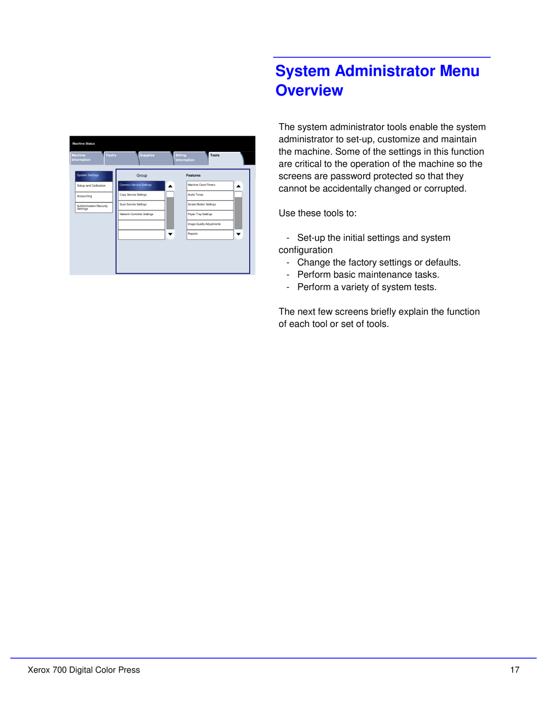 Xerox 700 quick start System Administrator Menu Overview 