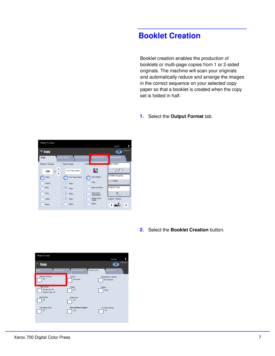 Xerox 700 quick start Booklet Creation, Copy 