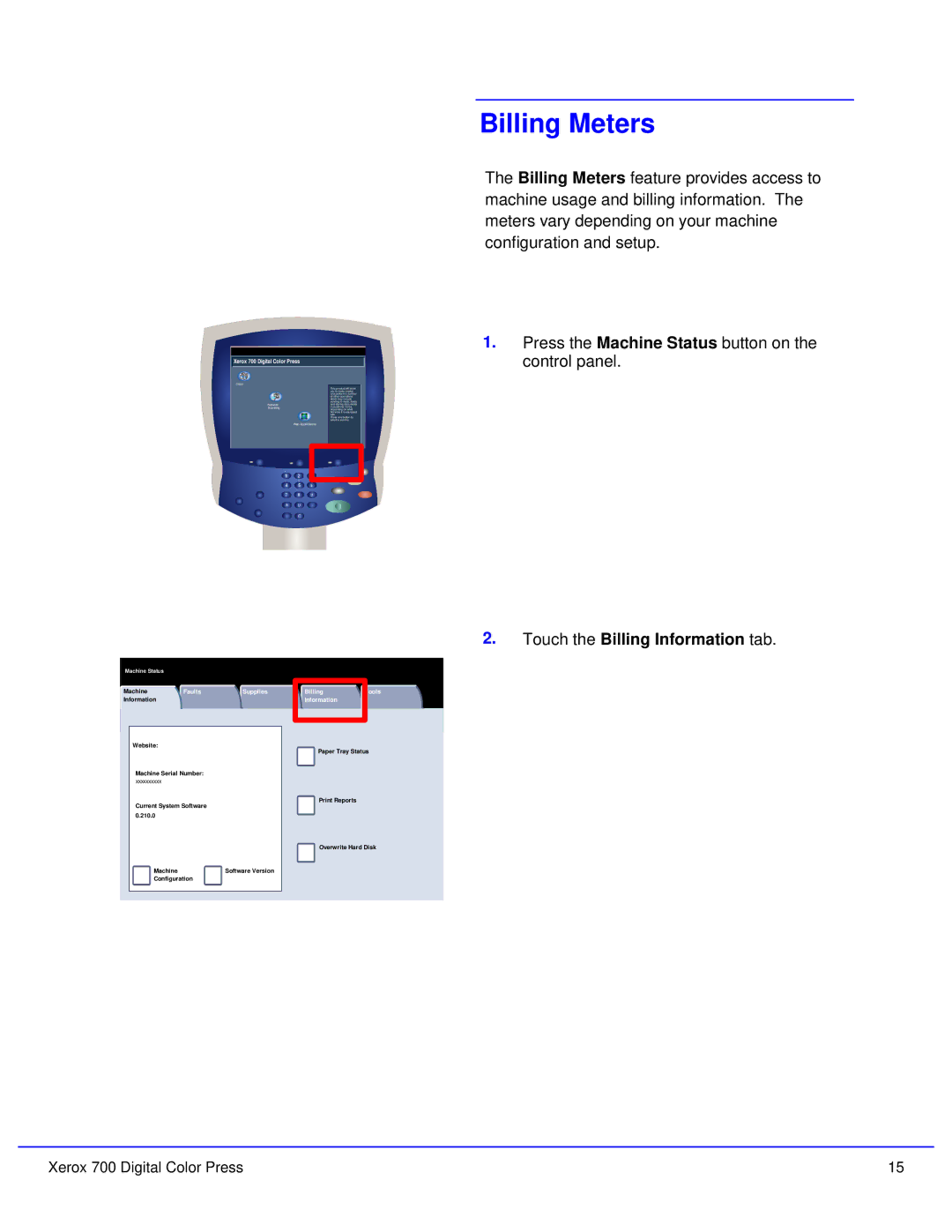 Xerox 700 quick start Billing Meters, Touch the Billing Information tab 