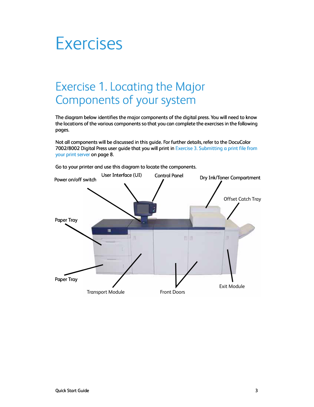 Xerox 8002, 7002 manual Exercises, Exercise 1. Locating the Major Components of your system 