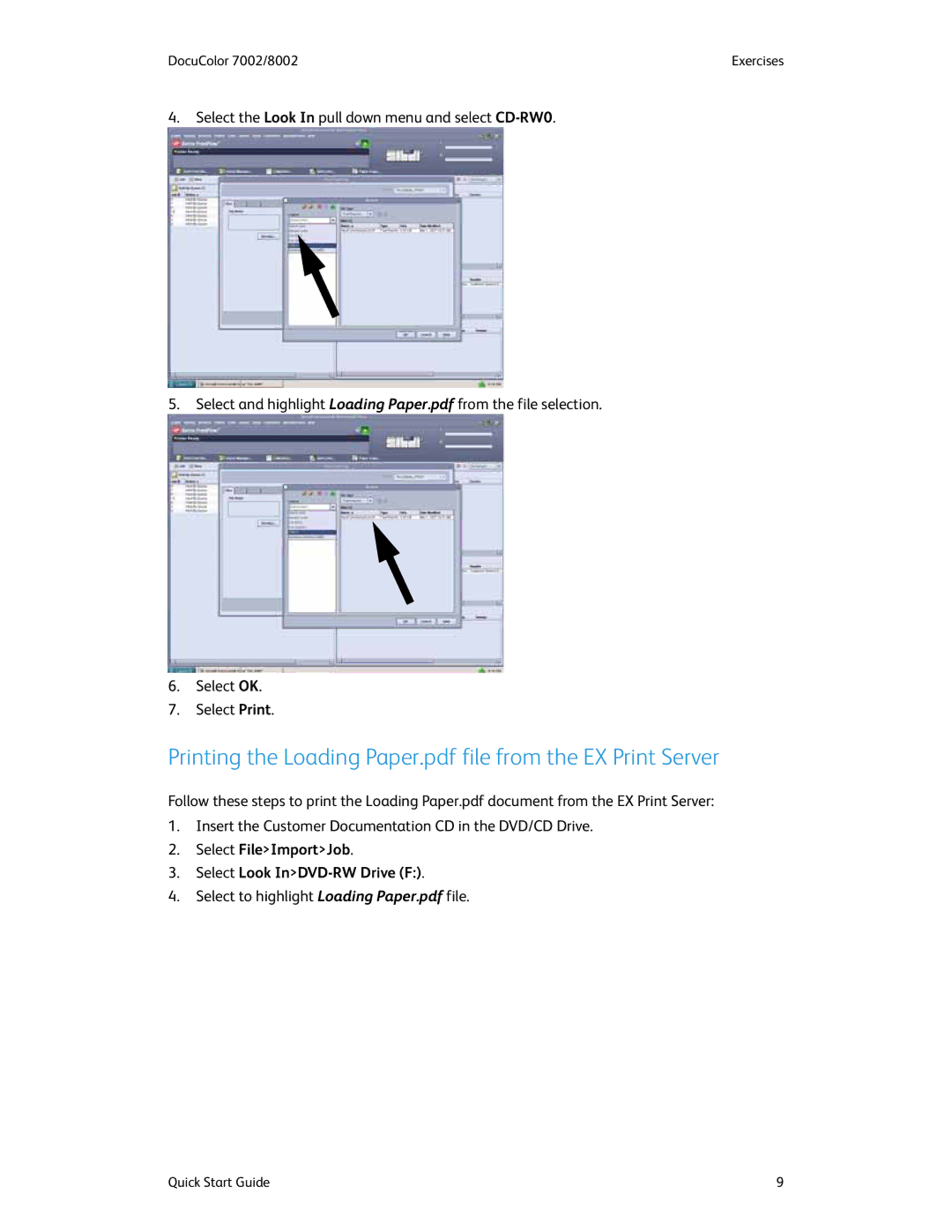 Xerox 8002, 7002 manual Select FileImportJob Select Look InDVD-RW Drive F 