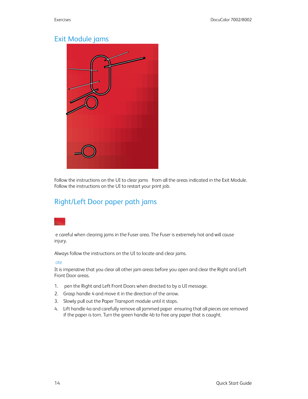 Xerox 7002, 8002 manual Exit Module jams, Right/Left Door paper path jams 