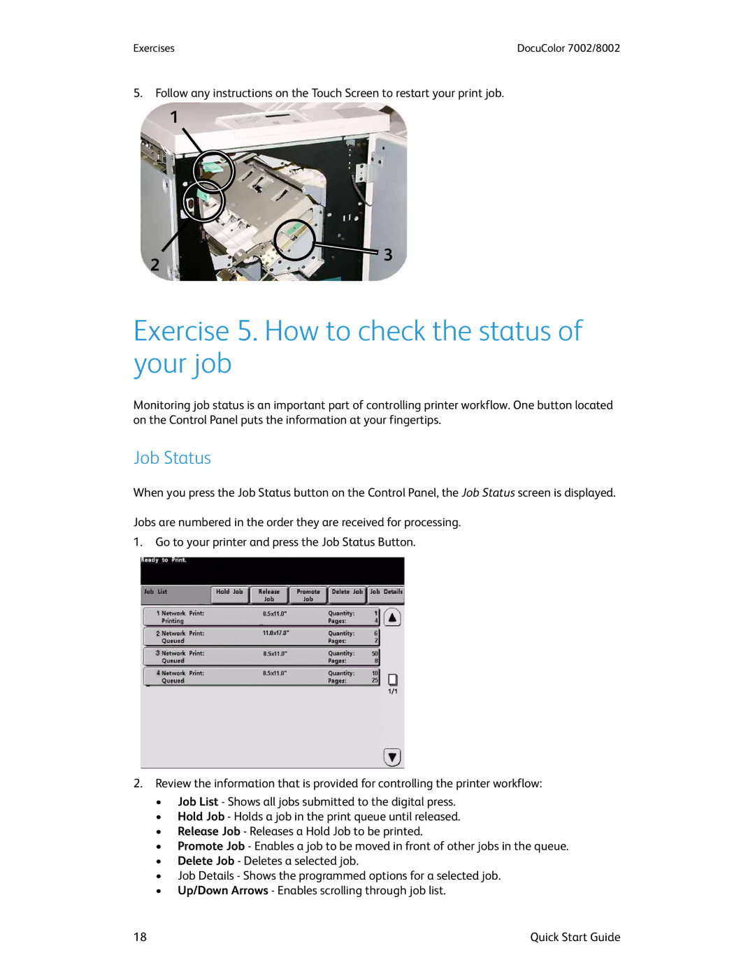 Xerox 7002, 8002 manual Exercise 5. How to check the status of your job, Job Status 