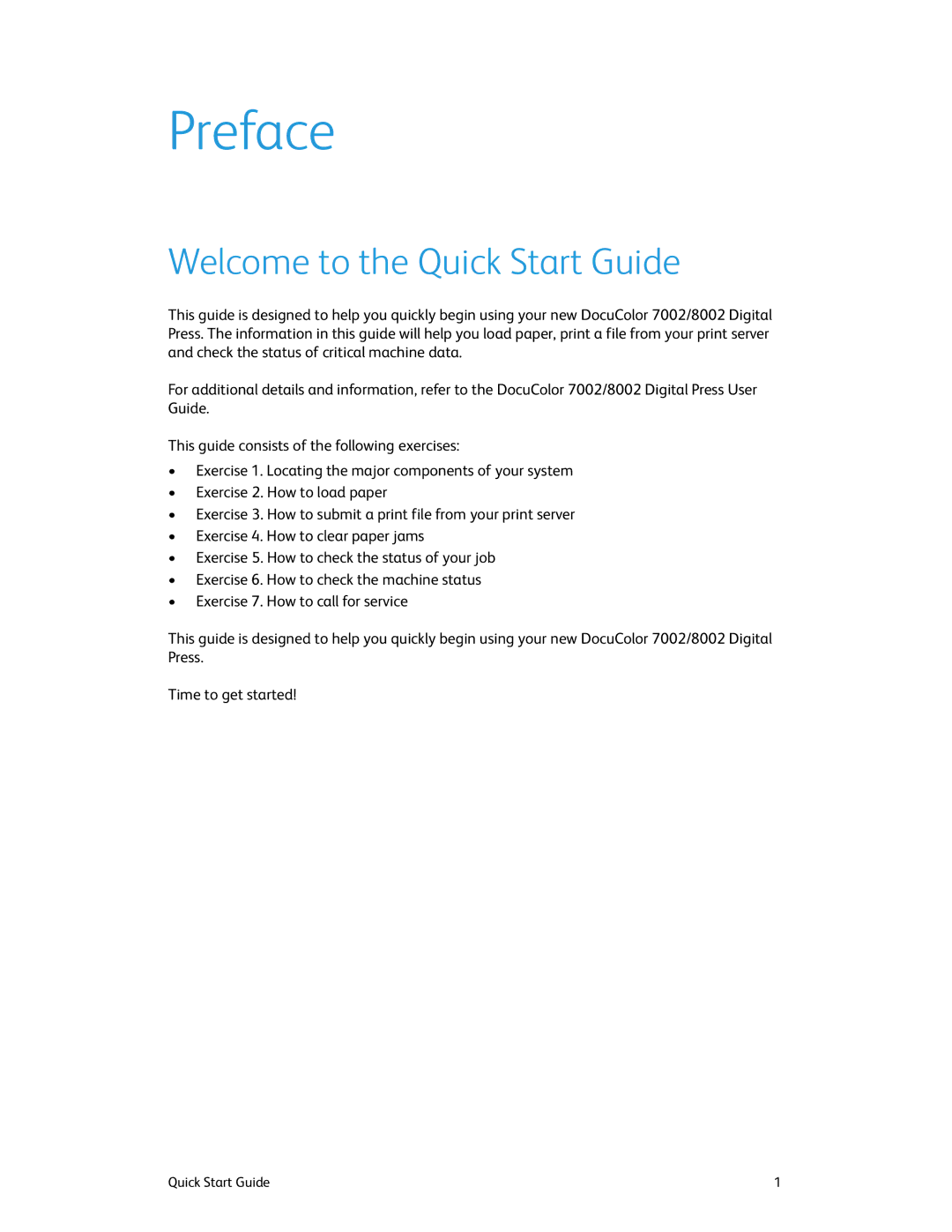 Xerox 8002, 7002 manual Preface, Welcome to the Quick Start Guide 