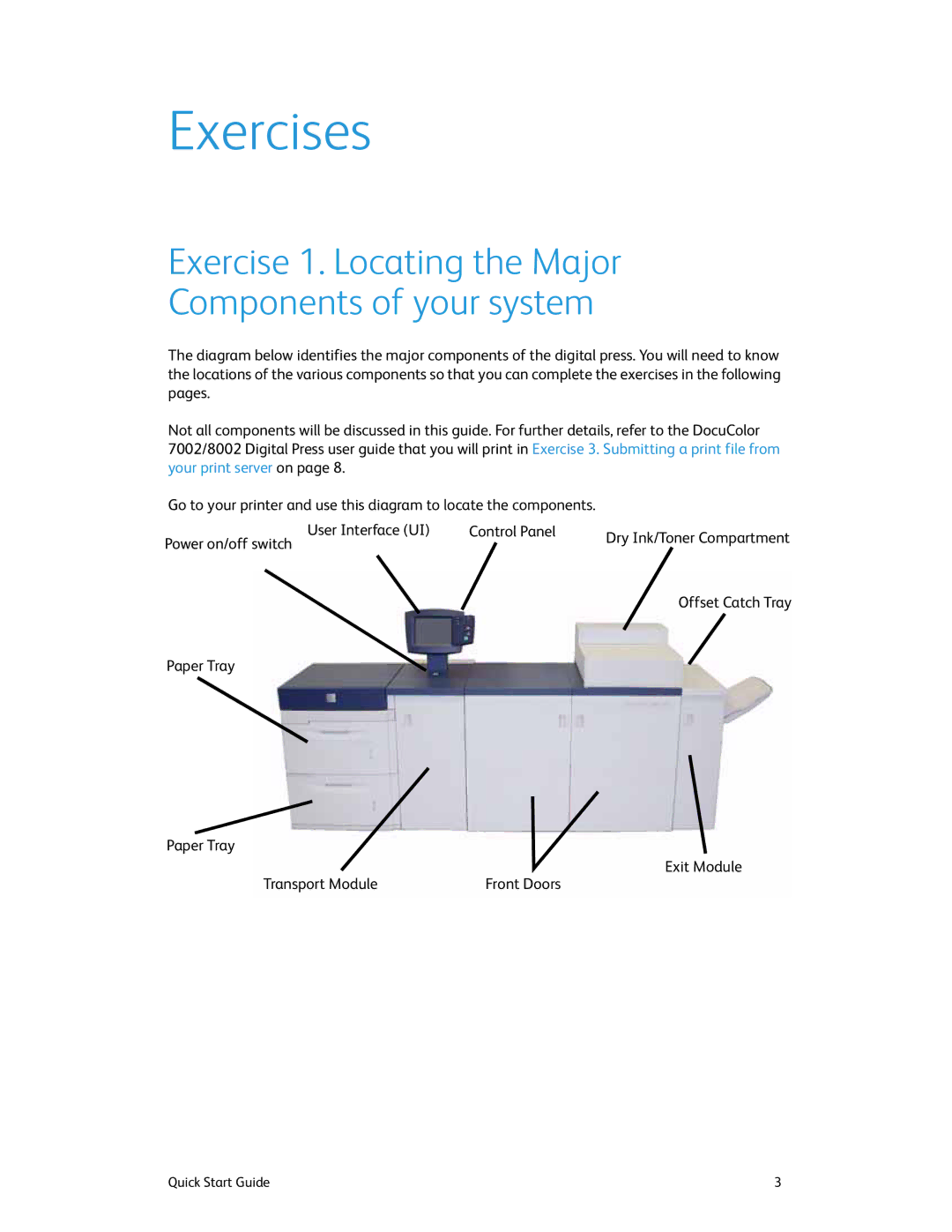 Xerox 8002, 7002 manual Exercises, Exercise 1. Locating the Major Components of your system 