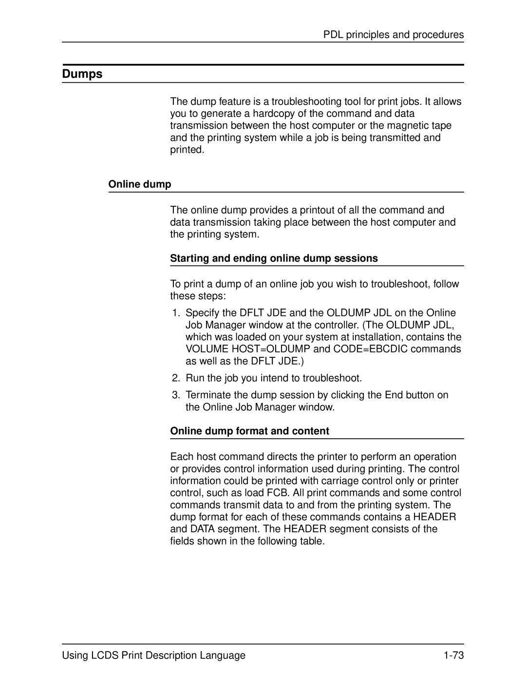 Xerox 701P21091 manual Dumps, Starting and ending online dump sessions, Online dump format and content 