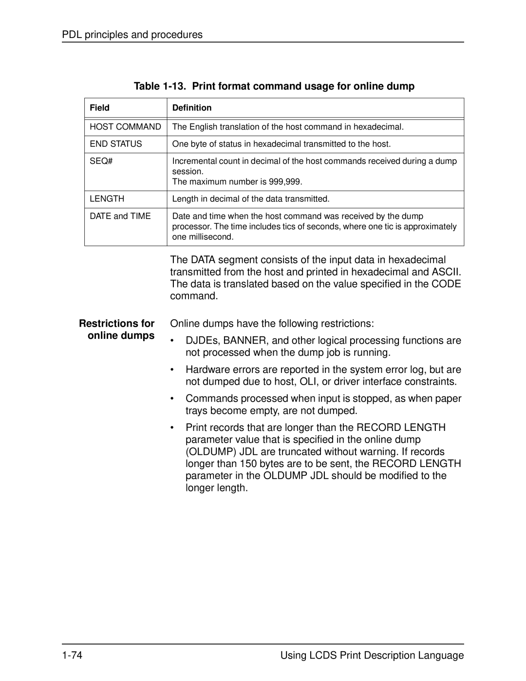 Xerox 701P21091 manual Print format command usage for online dump, Restrictions for online dumps, Field Definition 