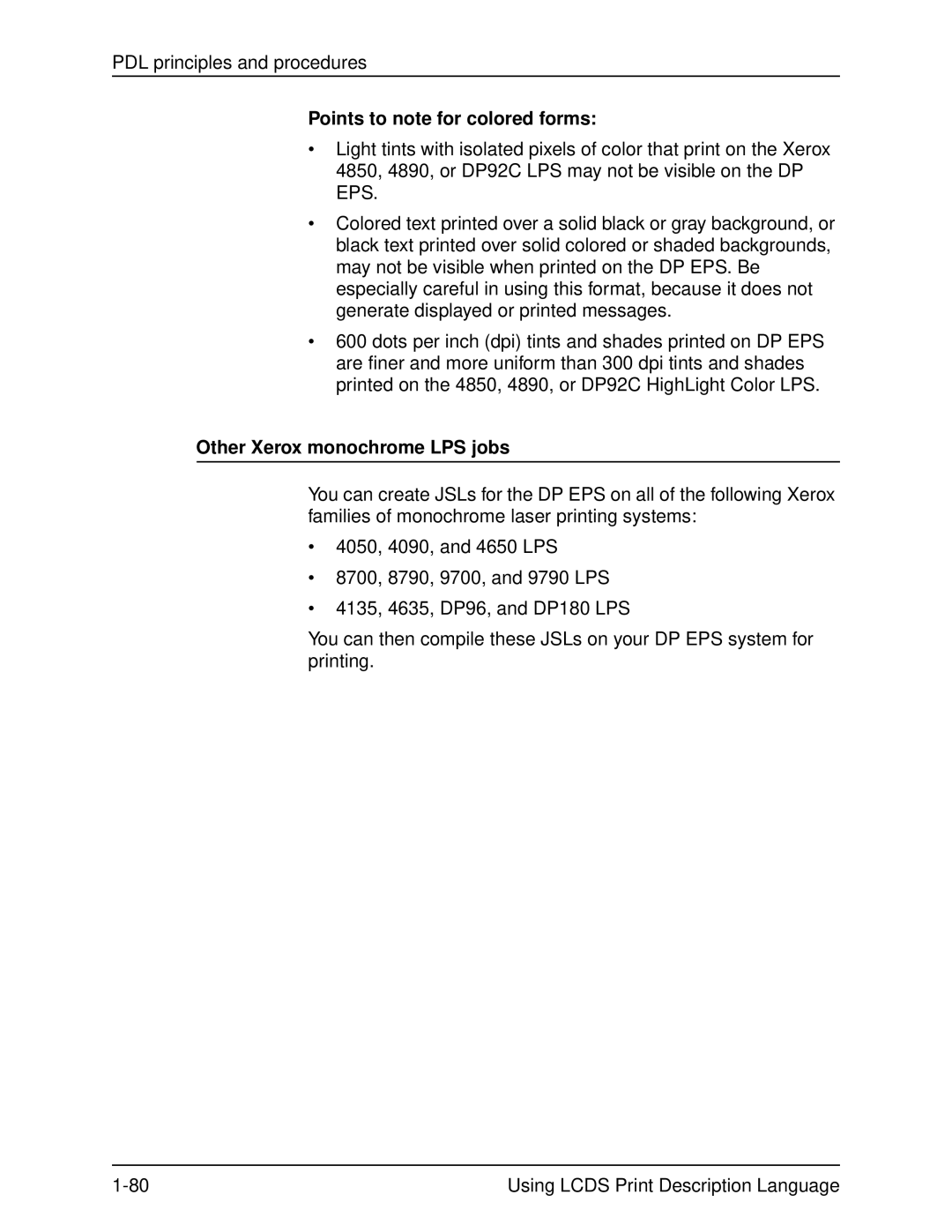 Xerox 701P21091 manual Points to note for colored forms, Other Xerox monochrome LPS jobs 